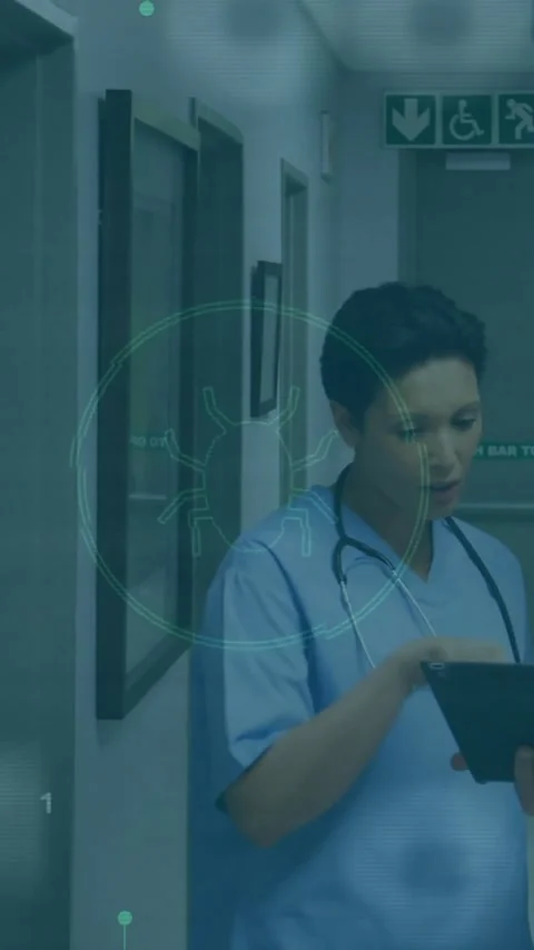 Processing medical data animation over doctors discussing information on tablet Stock Footage 342916207