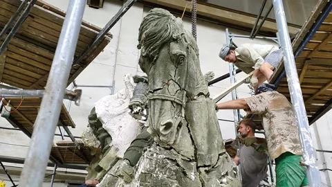 Processing of the monument to Alexander Nevsky in the studio Stock Footage 157780415