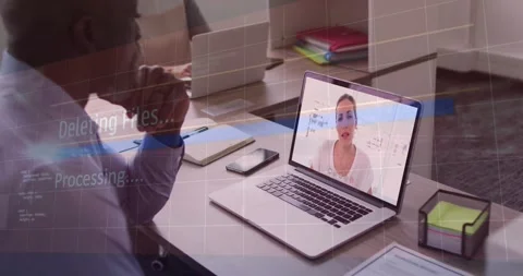 Processing overlay appearing, fading, presenter on laptop gesturing while man Stock Footage 330331009