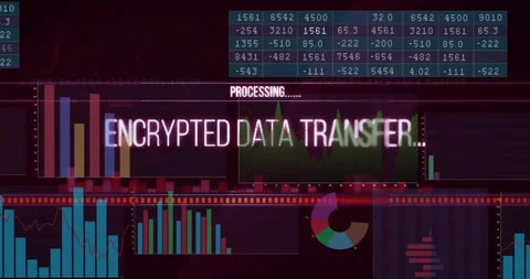 PROCESSING overlay appearing initiating ENCRYPTED DATA TRANSFER, bar filling, Stock Footage 312639207