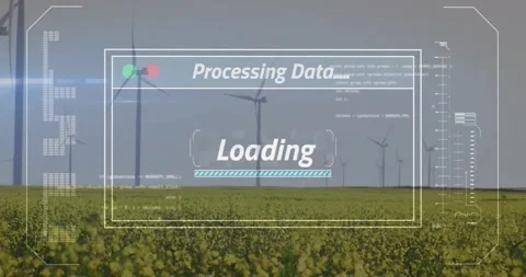Processing overlay appearing pulsing bar filling over wind turbines in yellow Stock Footage 320067059
