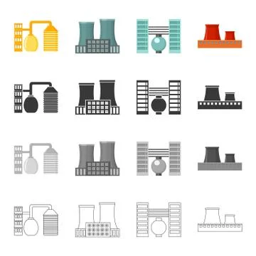 Processing plant, industrial production facilities. Plant and factory set 库存插图