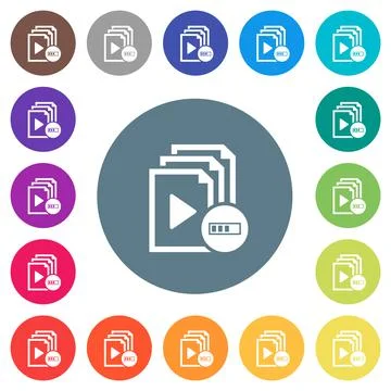 Processing playlist flat white icons on round color backgrounds Stock Illustration
