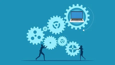 Processing process. Business man and woman connected gears with laptop 스톡 일러스트
