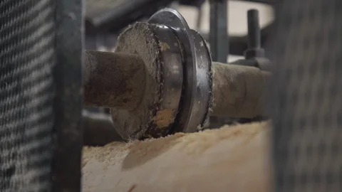 Processing of round timber logs for building wooden house. Removing bark from Stock Footage 126517242