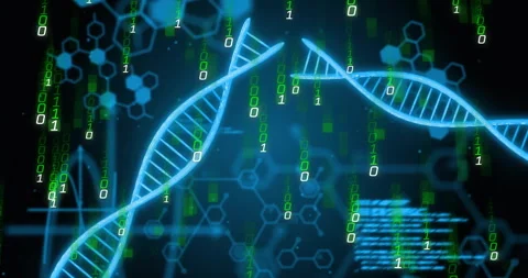 Processing scientific data, animation of DNA strand with binary coding elements Stock Footage 303842205