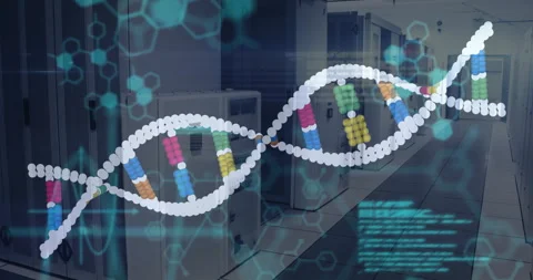 Processing scientific data, DNA strand and binary coding animation in school 動画素材 303869839