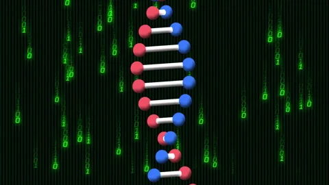 Processing scientific data, DNA strand and binary coding animation in focus Stock Footage 305009553