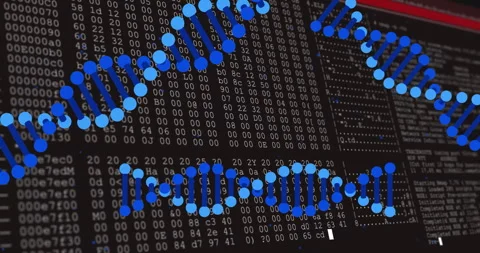 Processing scientific data, DNA strand intertwining with binary code animation Stock Footage 305068624