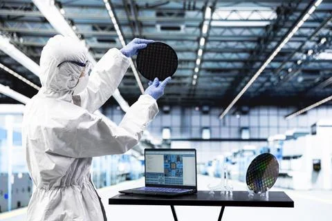 Processing silicon wafer, EDA software and engineer man Stock Photos