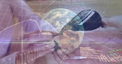 Processing sleeved hands tapping payment card on reader in display with globe Stock Photos