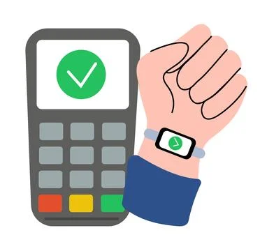 Processing of smartwatch payment. POS terminal and watch. Contactless payment Stock Illustration
