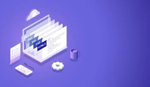 Processing of software and programming development Isometric concept Stock Illustration