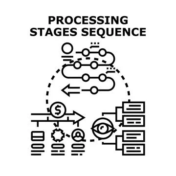 Processing stages sequence work flow diagramming system Stock Illustration