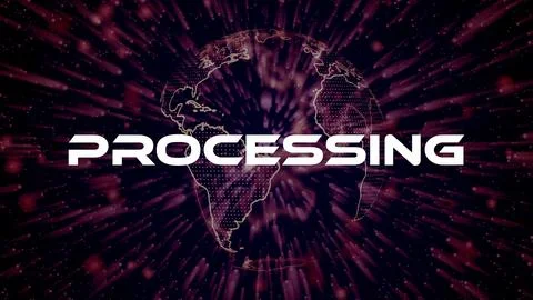 Processing text concept on si-fi particles background. Dot particles techno.. Stock Illustration