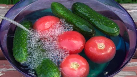 Processing tomato and cucumber with ozone. Vegetables in the water into which Stock Footage 138100317