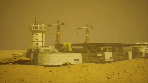 Processing units on Mars extract ice beneath surface and store it in tanks Stock Footage 338342865