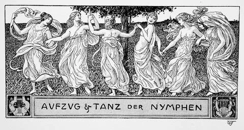 Procession and dance of the nymphs. Wilhelm Volz (Germany, Karlsruhe, 1855-.. Stock Illustration