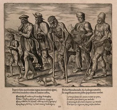 A procession of the blind and physically disabled; allegory about sticks: h.. Stock Illustration