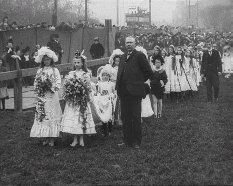 Procession at Bootle May Queen carnival celebration, UK 1903 Stock Footage 136820251