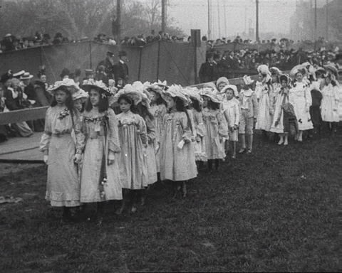 Procession at Bootle May Queen carnival celebration, UK 1903 Stock Footage 136820268