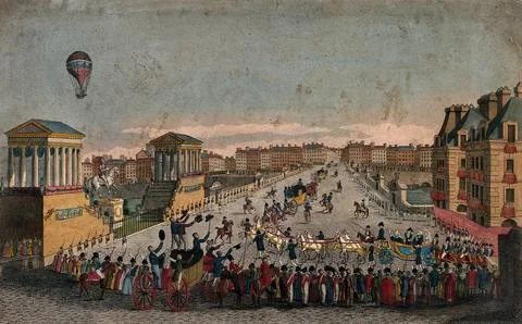 A procession of carriages watched by crowds lining the streets, with soldie.. Stock Illustration