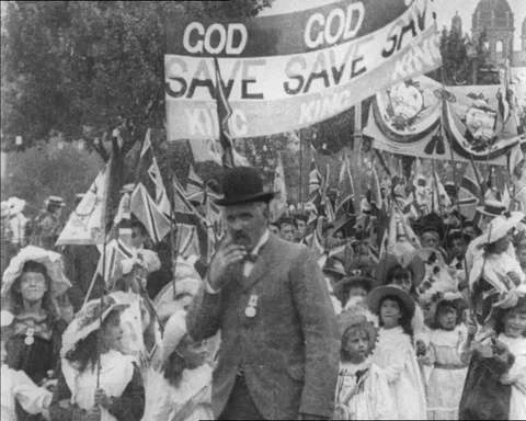 Procession celebrating coronation of Edward VII in Coventry, UK 1902 Stock Footage 136821650