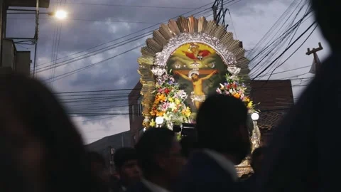 Procession of the Lord of the Miracles. Concept of religious traditions of Peru. Stock Footage 219447874