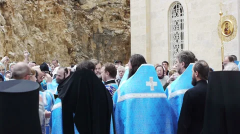 Procession in orthodoxal Gorney convent in Ein Kerem district near Jerusalem Stock Footage 32495662