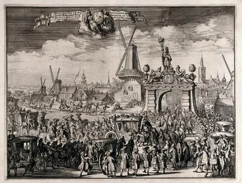 The processional entry of William III into The Hague through the bridge in .. Stock Illustration