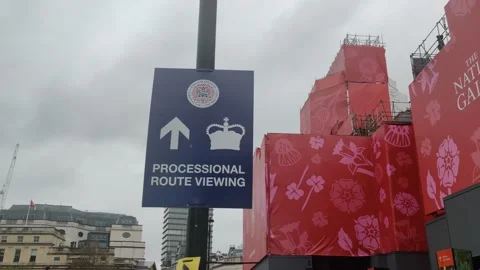 PROCESSIONAL ROUTE SIGN ON THE WAY TO KING CHARLES CORONATION 6 MAY 2023 4K Stock Footage 240493602