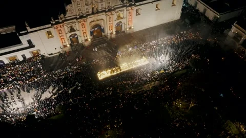 Processions During Holy Week In Front Of Cathedral At Night In Antigua, 스톡 동영상 240895389