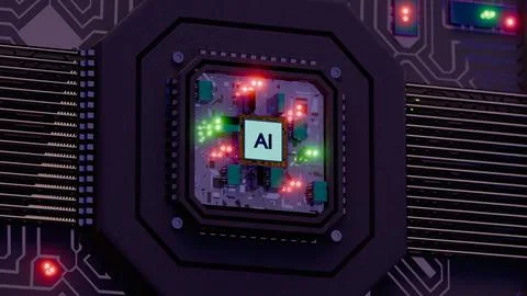 Processor with AI letters on a circuit board.. Foto stock