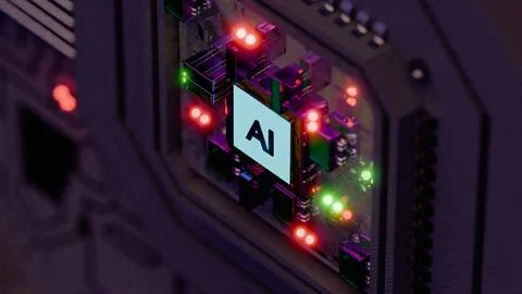 Processor with AI letters on a circuit board.. Foto stock