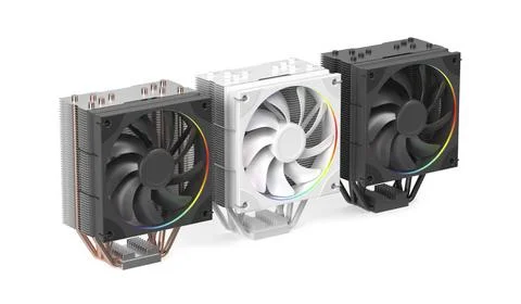 Processor air coolers Three different colored cpu coolers on white backgro... 스톡 사진