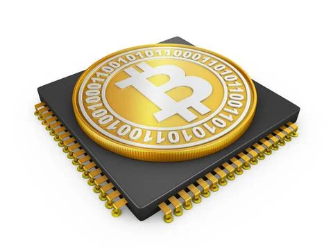 Processor and bitcoin Processor and bitcoin coin on a white background. 3d... Stock Photos