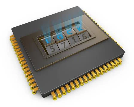 Processor and combination lock Processor with a combination lock. 3d rende... Stock Photos