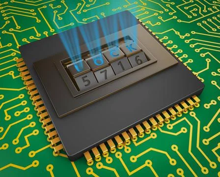 Processor and combination lock Processor with a combination lock. 3d rende... Stock Photos