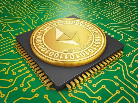 Processor and ethereum Processor and the ethereum coin. 3d rendering. Copy... Stock Photos