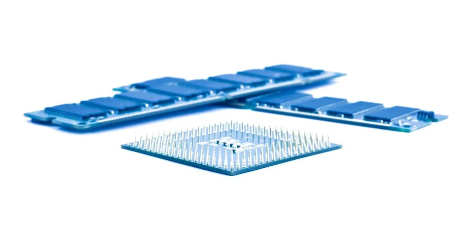Processor and  two memory modules on white Stock Photos