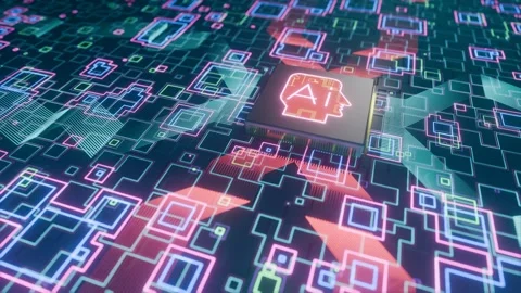 Processor with Artificial Intelligence on a Circuit Board with Data Flow Stock Footage 252363843