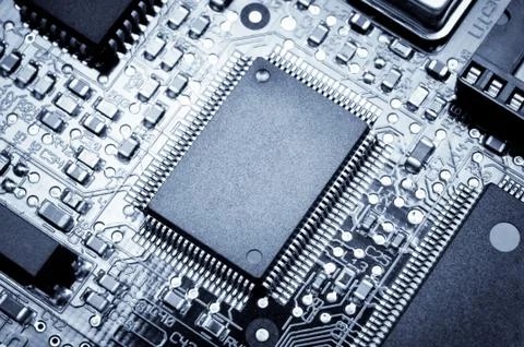 Processor board. Macro photo. Blue toned Stock Photos