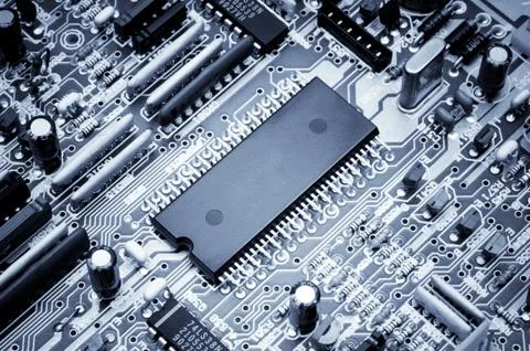 Processor board. Macro photo. Blue toned Stock Photos