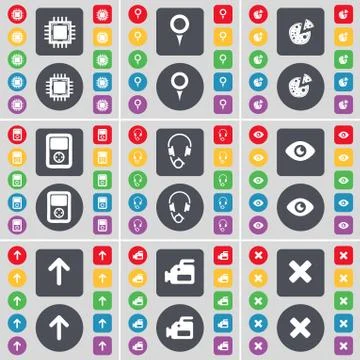 Processor, Checkpoint, Pizza, Player, Headphones, Vision, Arrow up, Film camera, Stock Illustration