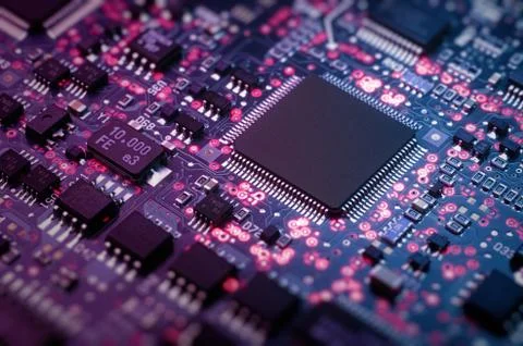 Processor chip mounted on a purple glowing printboard Foto stock