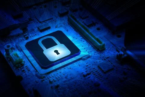 Processor chip. Network security technology with computer processor chip on d Foto stock