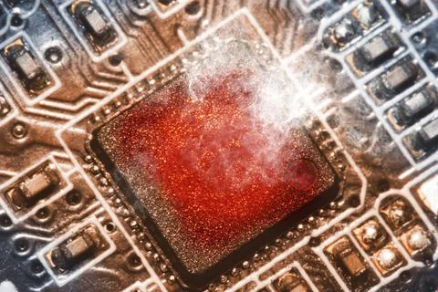 The processor chip overheats and burns in the socket on the computer motherbo Stock Photos