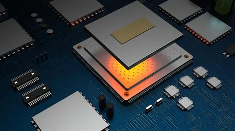 Processor chip on a printed circuit board in red backlight. 3d illustration o Stock Photos