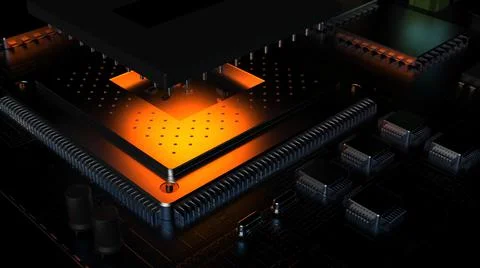 Processor chip on a printed circuit board in red backlight. 3d illustration o Stock Photos