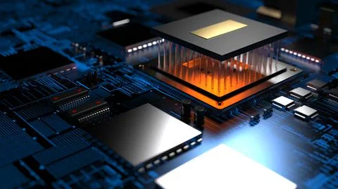 Processor chip on a printed circuit board in red backlight. 3d illustration o Stock Photos